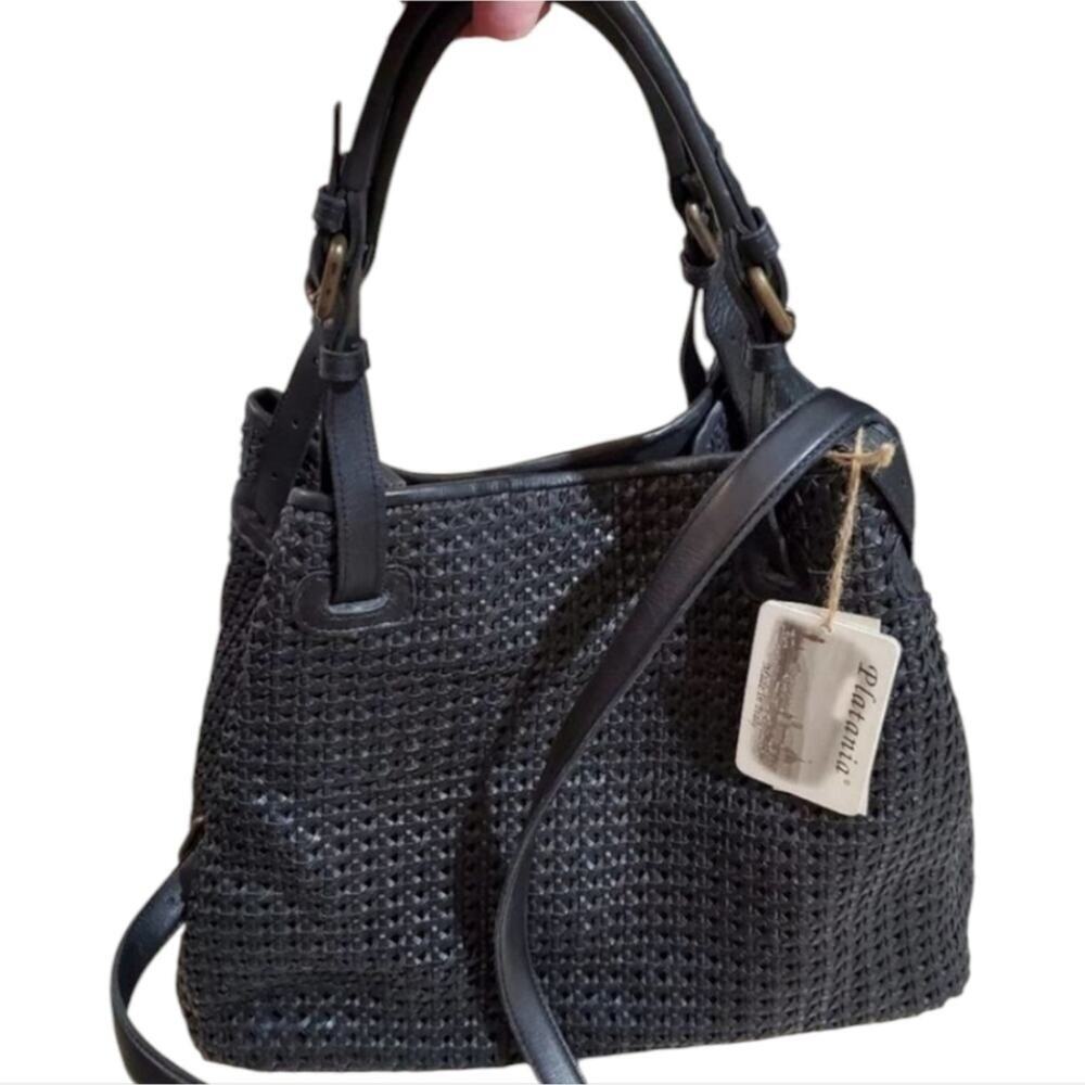 PLATANIA Italian leather black basketweave woven hobo crossbody bag purse New